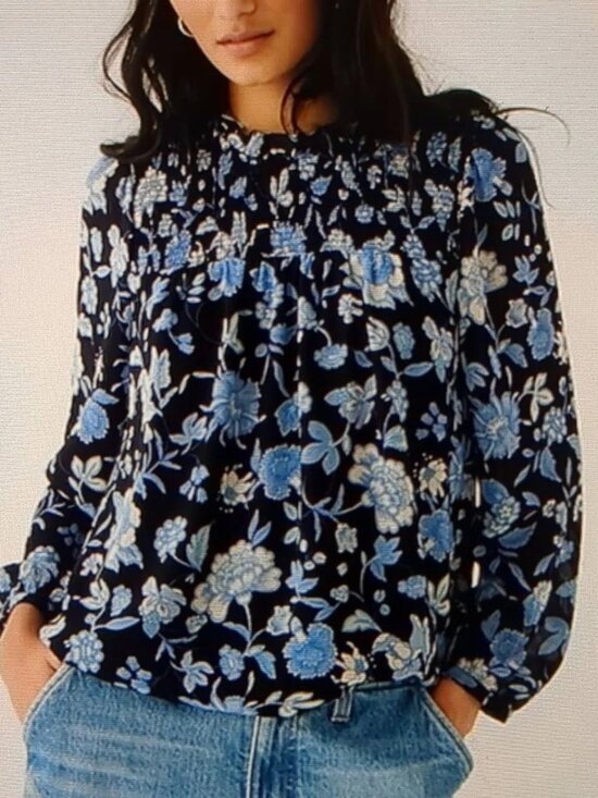 J. Crew Tops - J Crew 3X Smocked Ruffle Neck Chiffon Popover Top Midnight Blue Floral Blouse